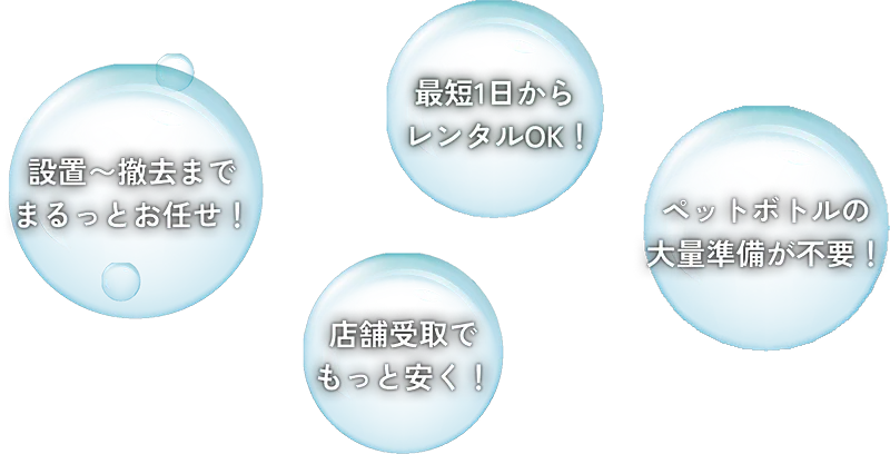 設置〜撤去までまるっとお任せ！最短1日からレンタルOK！店舗受取でもっと安く！ペットボトルの大量準備が不要！